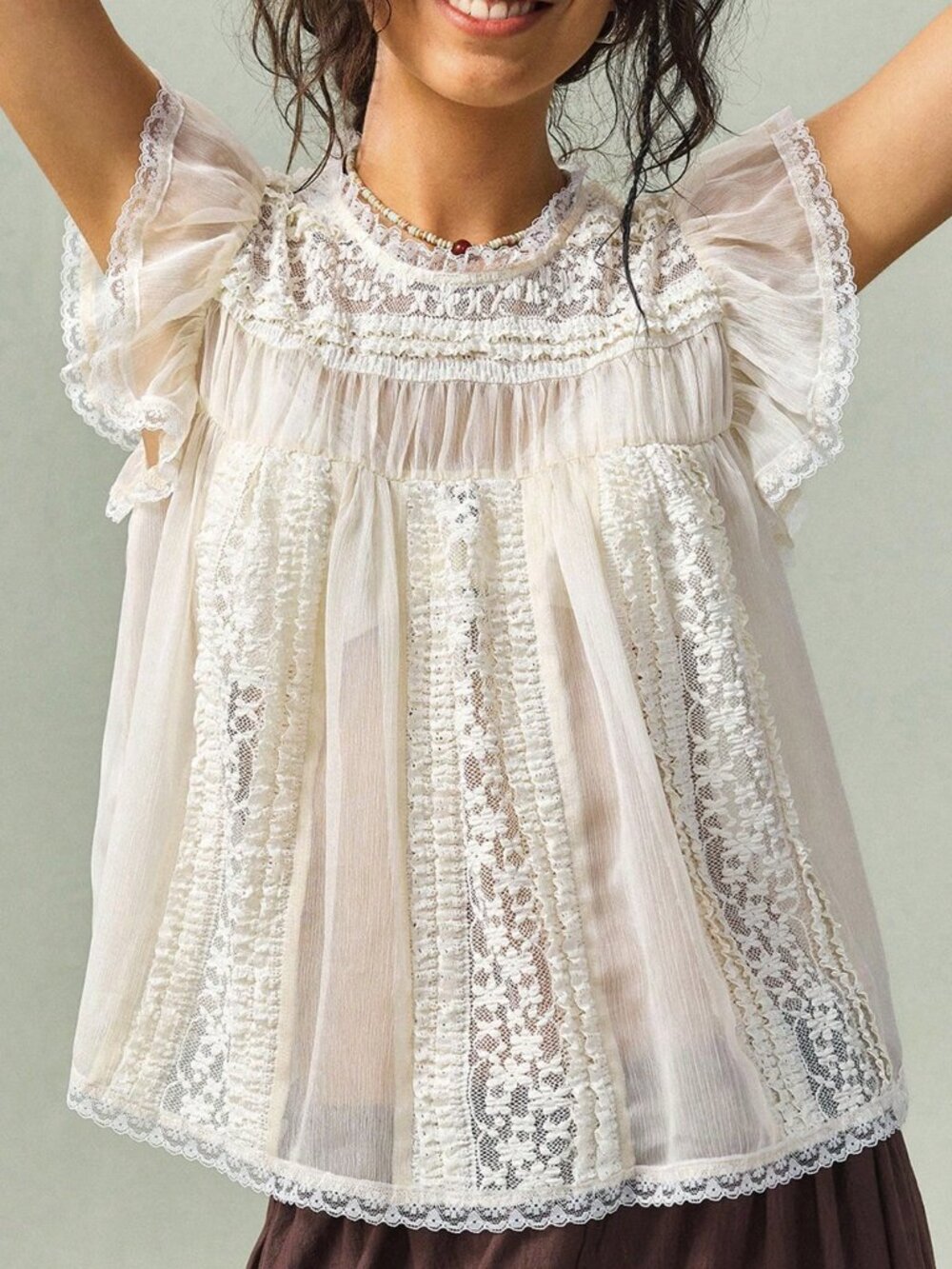 Apricot Boho Women's Lace Patchwork Cap Sleeve Blouse